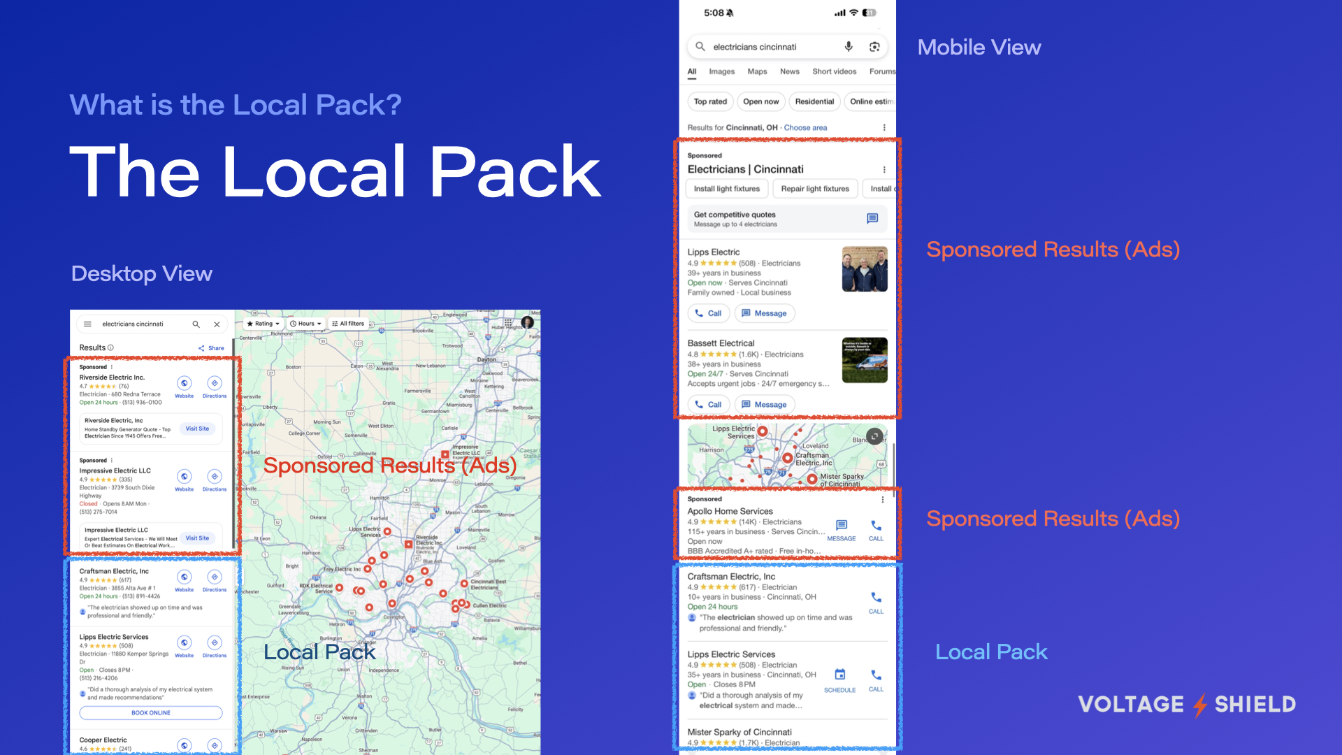 Google's Local Pack for Desktop and Mobile views for a 'electrician near me' search