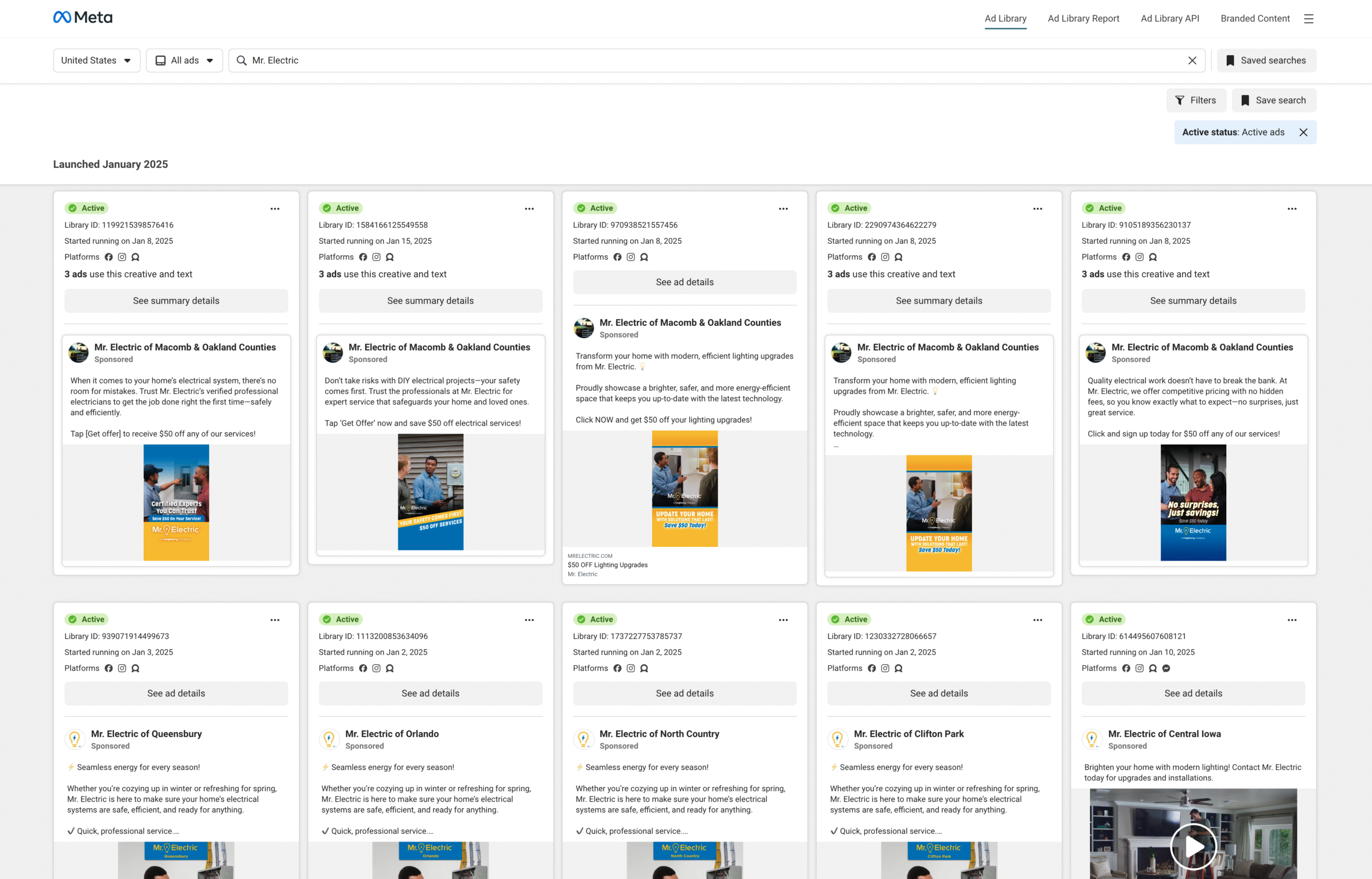 Facebook's Ads Library, focused on an electrician search