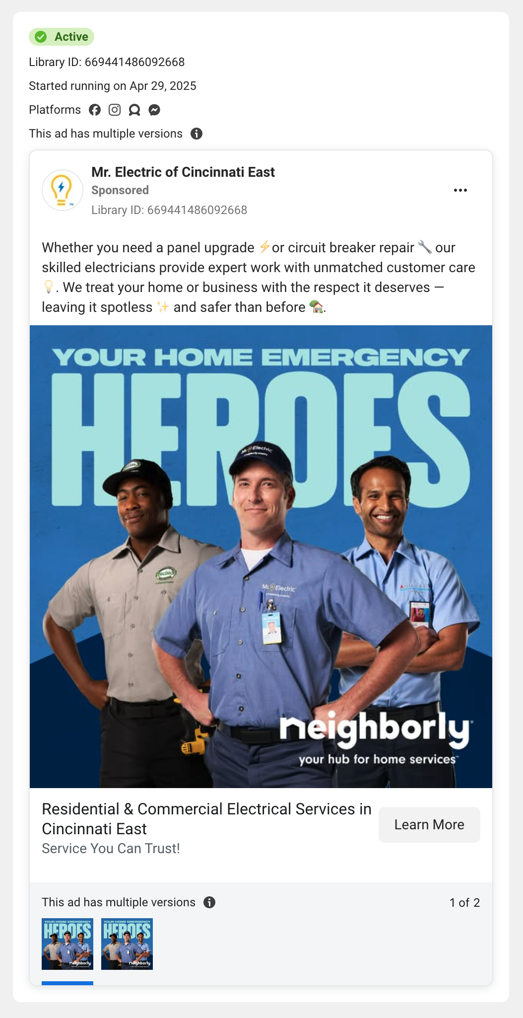A Facebook Ad from Mr. Electric - they have a solid marketing team